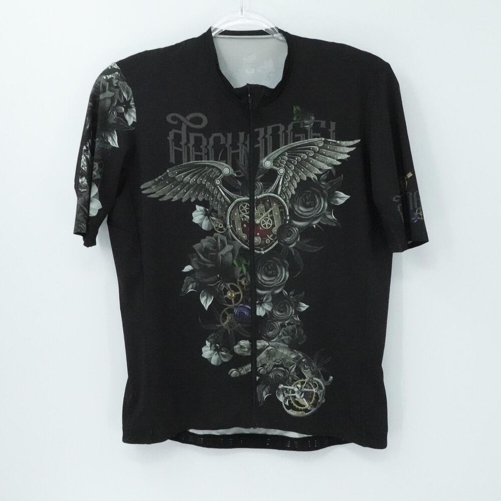 Archangel Cycling Jersey Mens 2XL Black Steampunk Winged Heart Gears‎ Full Zip